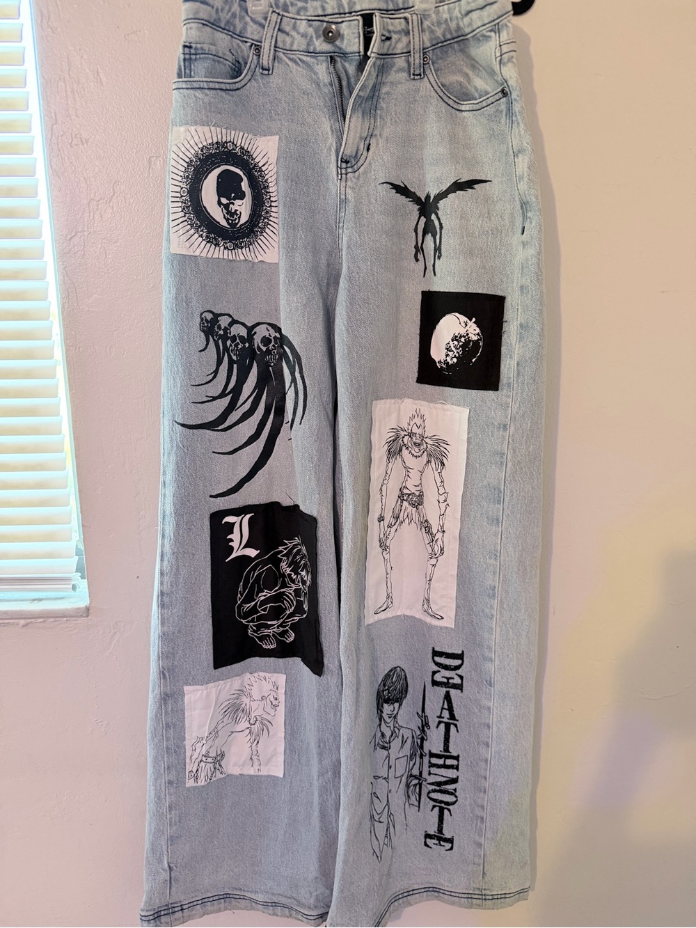 Hot Topic Light Blue Graphic Wide Leg Jeans with Black & White Patches
